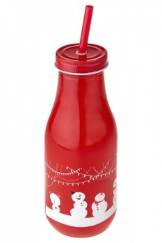 Trinkflasche rundliche Ecken, mit Trinkhalm und Verschluss, rot "Wintermotiv" 440ml 2 Motive, nicht wählbar  Solange Vorrat!